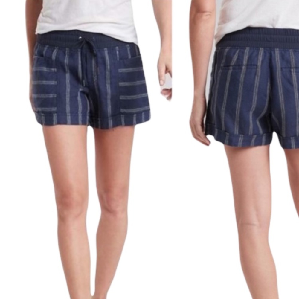 Athleta Navy Stripe High-Waist Drawstring Shorts
